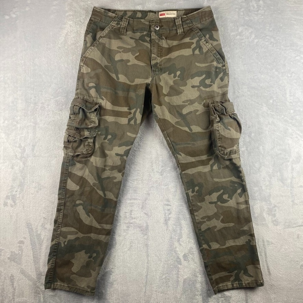 Wrangler Pants Mens 32x30 Brown Camo Cargo Woodland Camouflage Tapered